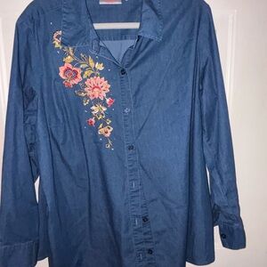 D&Co Denim & Company 1X Chambray Embroidered Floral Button Down Shirt Plus Size